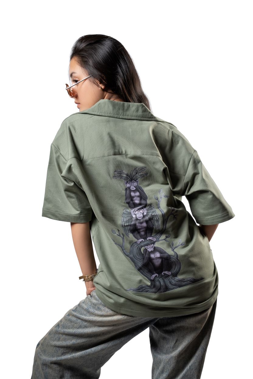 ‘No Evil Club’ Bowling Shirt | Sage Green