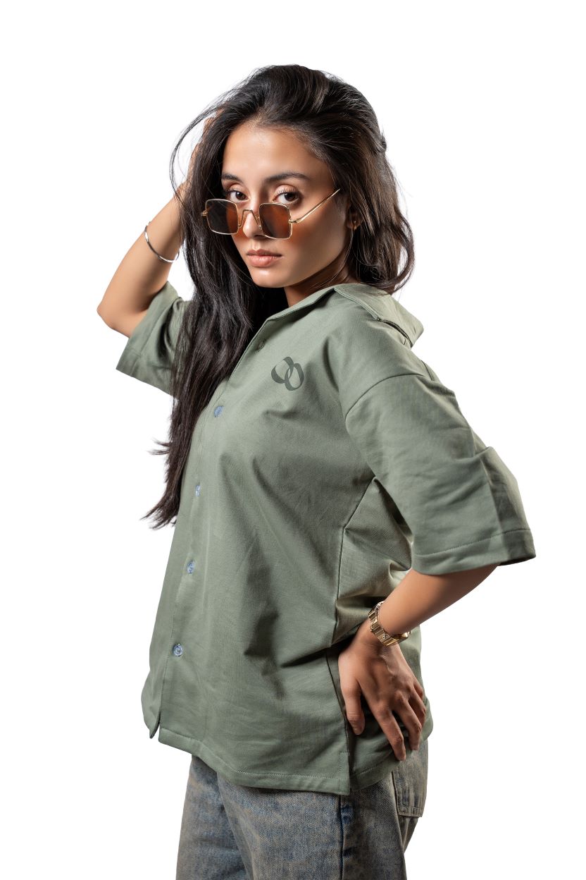 ‘No Evil Club’ Bowling Shirt | Sage Green