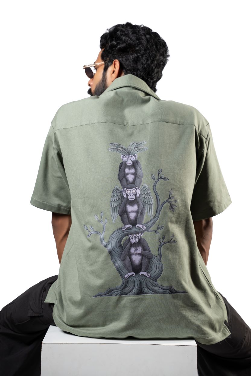 ‘No Evil Club’ Bowling Shirt | Sage Green