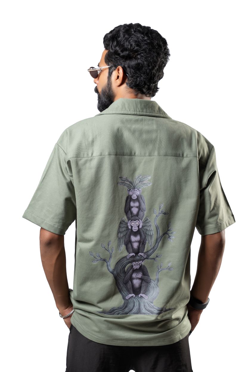 ‘No Evil Club’ Bowling Shirt | Sage Green